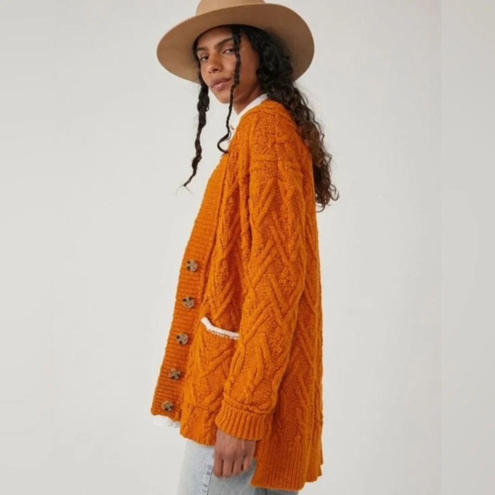 Free People Montana Cable Cardigan Sweater in Pumpkin Pie XS extra small NWT - Picture 3 of 11